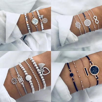 Boho Geometric Bracelet & Bangle Sets For Women Vintage Star Map Hand Heart Charm Beads Chains Fashion Jewelry Accessories