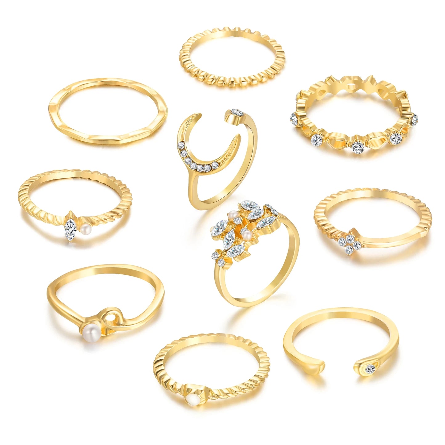 10 Pcs Rings Suit For Women Gold-color Chain Ring Set