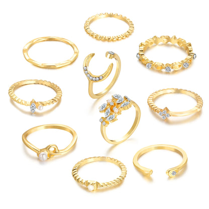 10 Pcs Rings Suit For Women Gold-color Chain Ring Set