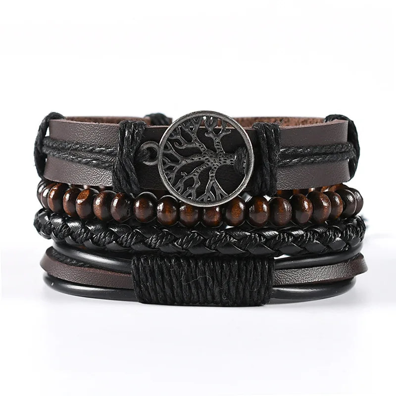 Vintage Braided Leather Bracelet Set: Life Tree & Rudder Charms