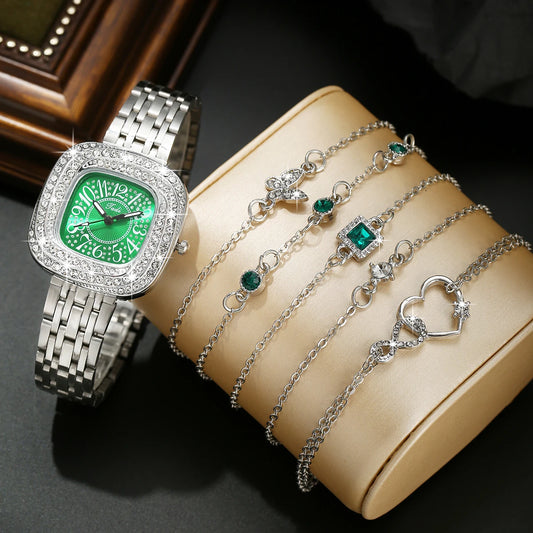 5pcs fashionable and trendy diamond inlaid versatile women's alloy bracelet watch bracelet set with square quartz wristwatch