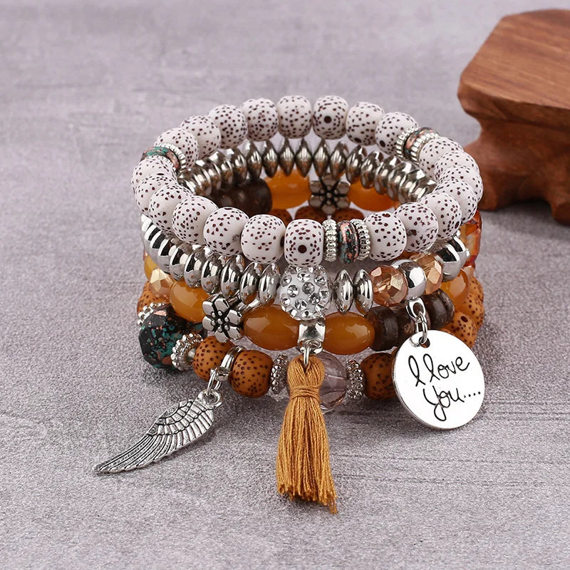 4Pcs Bohemian Women Pink Tassel Bracelet