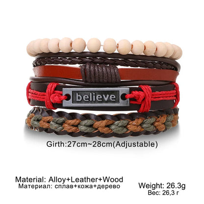 Vintage Braided Leather Bracelet Set: Life Tree & Rudder Charms