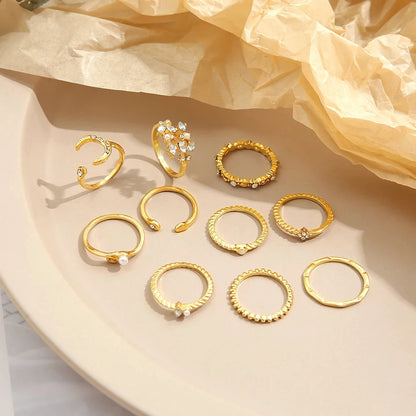 10 Pcs Rings Suit For Women Gold-color Chain Ring Set