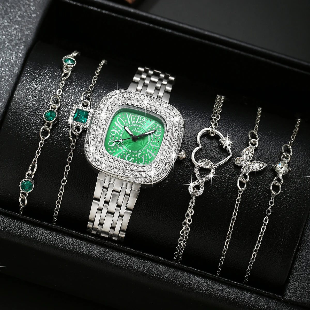 5pcs fashionable and trendy diamond inlaid versatile women's alloy bracelet watch bracelet set with square quartz wristwatch