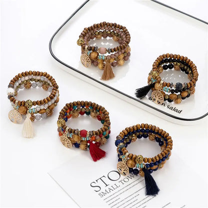 4Pcs Tree Of Life Charm Beaded Bracelet Set For Women Handmade Wood Beads