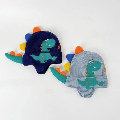 Winter Warm Baby Ear Protection Hat 3D Dinosaur Kids Earmuffs Cap Cartoon Toddler Woolen Knitted Hats 2-6 Years Children Beanies