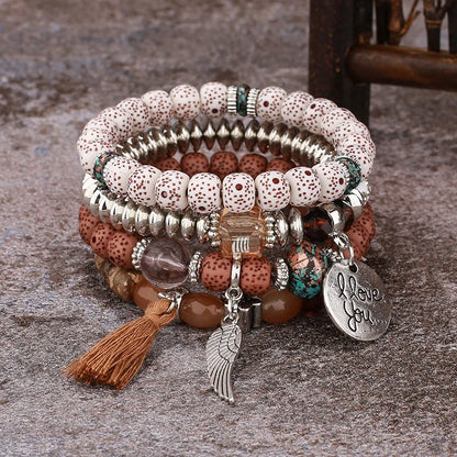 4Pcs Bohemian Women Pink Tassel Bracelet