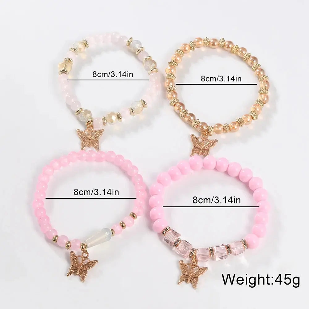 Multi-Layer Butterfly Pendant Bracelet Hand-Beaded 4 Pieces/Set Artificial Crystal Glass Diamond Bracelet