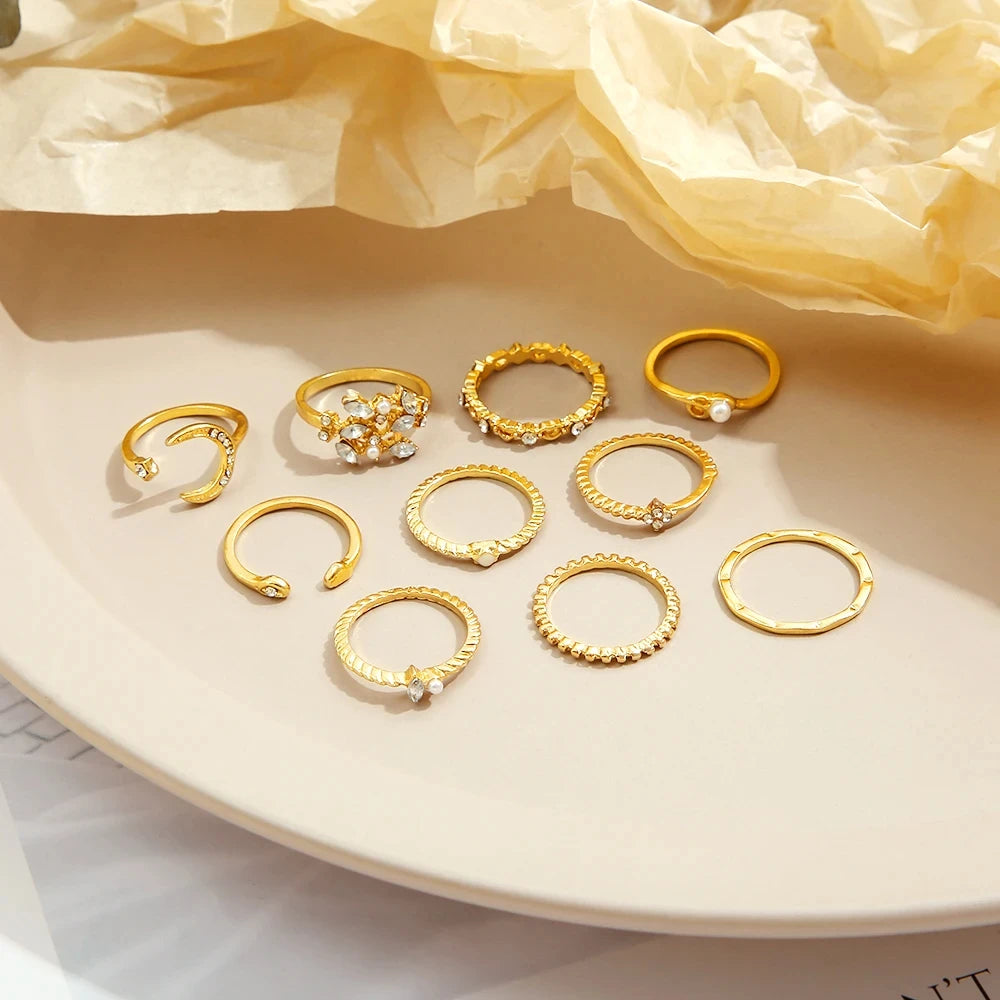 10 Pcs Rings Suit For Women Gold-color Chain Ring Set