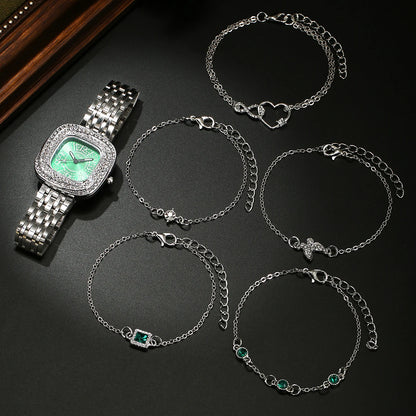 5pcs fashionable and trendy diamond inlaid versatile women's alloy bracelet watch bracelet set with square quartz wristwatch