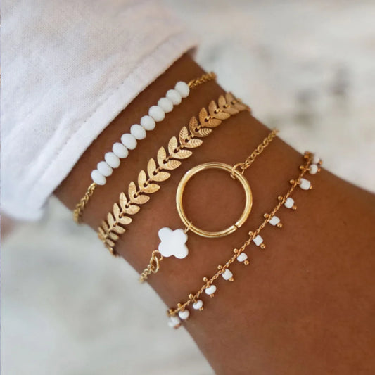 Gold Color Leaves Bracelet Set For Women White Beads Round Charm Wrap Bangle