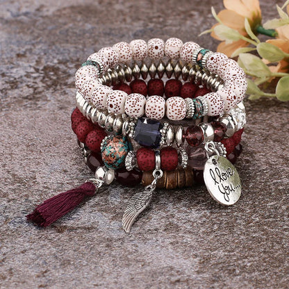 4Pcs Bohemian Women Pink Tassel Bracelet