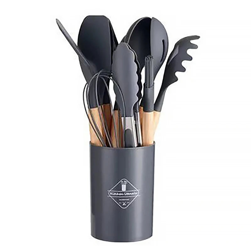 12-Piece Silicone Cooking Utensils Set: Wooden Handles, Non-Stick, Kitchenware Kit