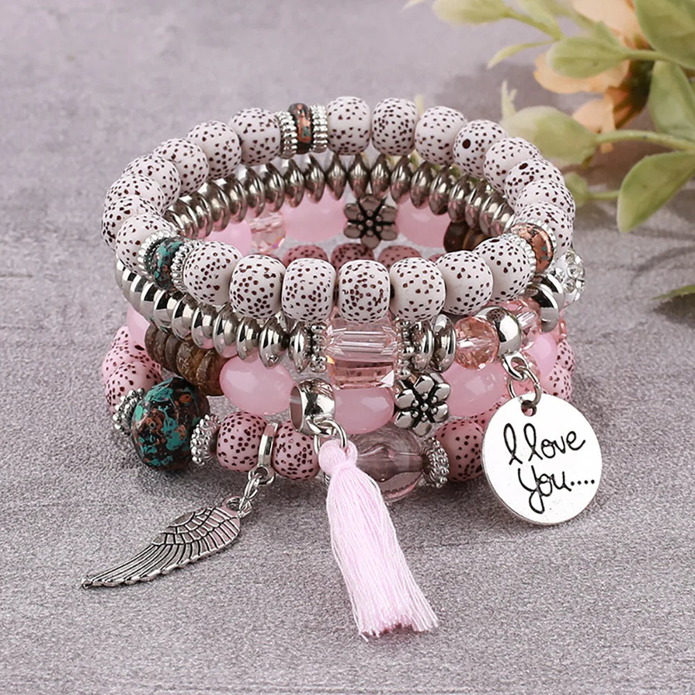 4Pcs Bohemian Women Pink Tassel Bracelet