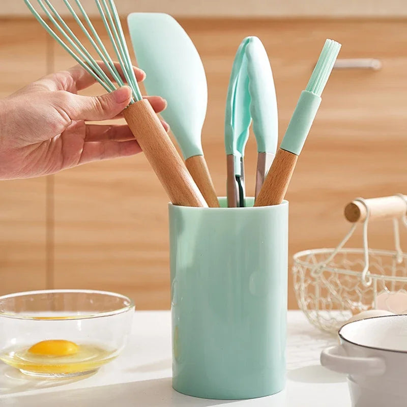 12-Piece Silicone Cooking Utensils Set: Wooden Handles, Non-Stick, Kitchenware Kit