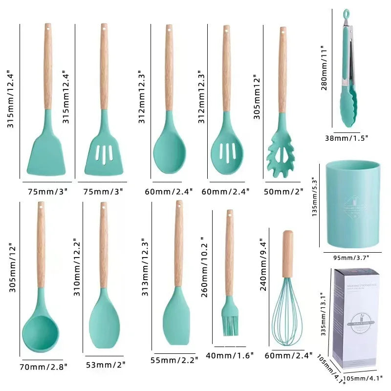 12-Piece Silicone Cooking Utensils Set: Wooden Handles, Non-Stick, Kitchenware Kit