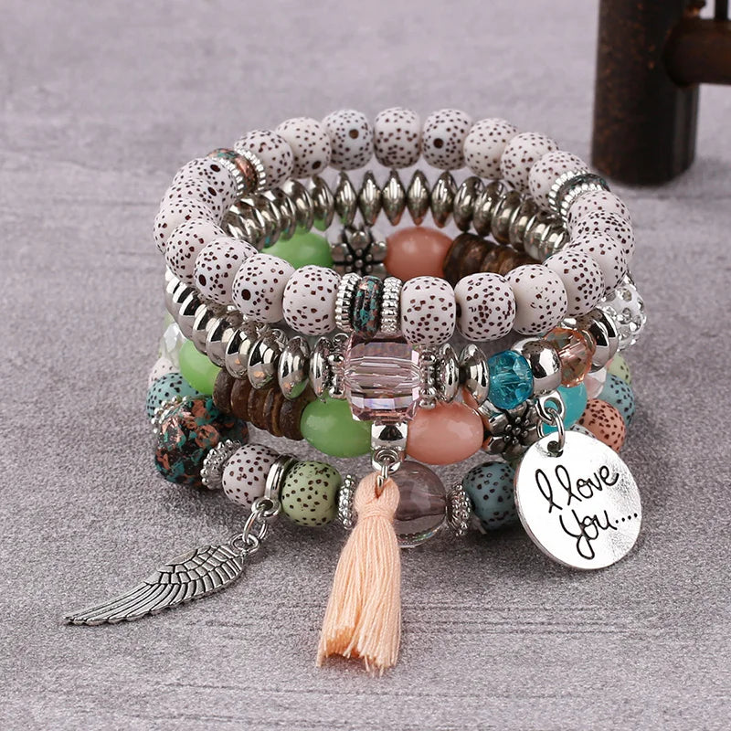 4Pcs Bohemian Women Pink Tassel Bracelet