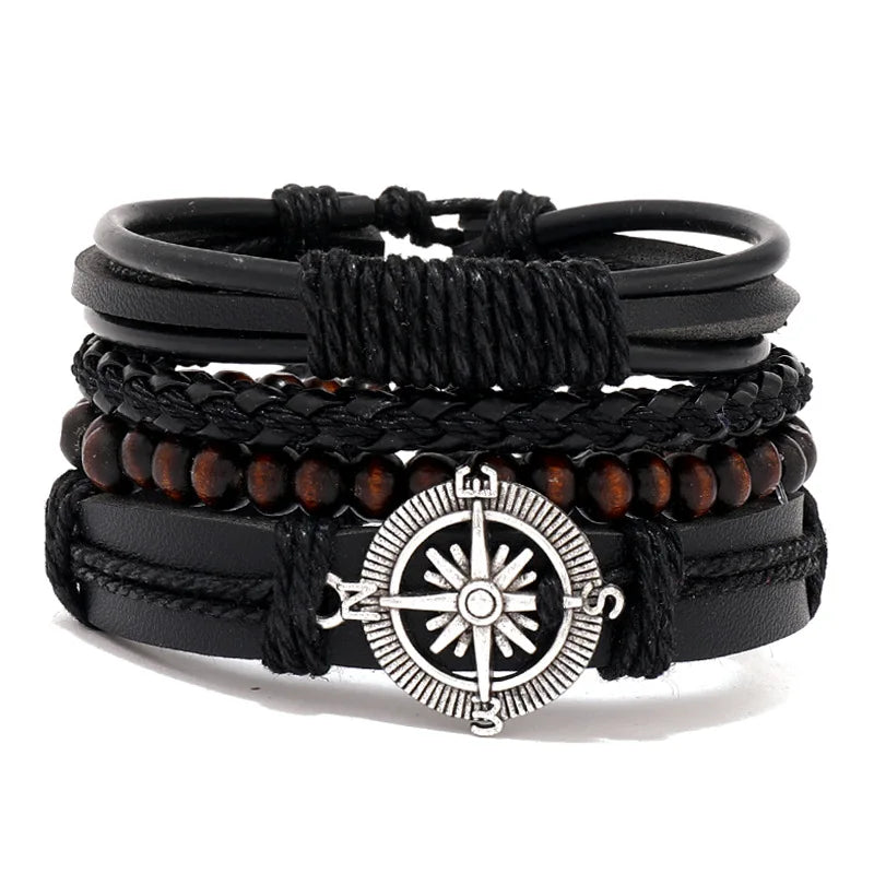 Vintage Braided Leather Bracelet Set: Life Tree & Rudder Charms