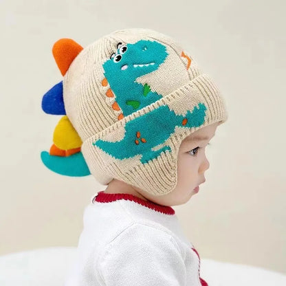 Winter Warm Baby Ear Protection Hat 3D Dinosaur Kids Earmuffs Cap Cartoon Toddler Woolen Knitted Hats 2-6 Years Children Beanies