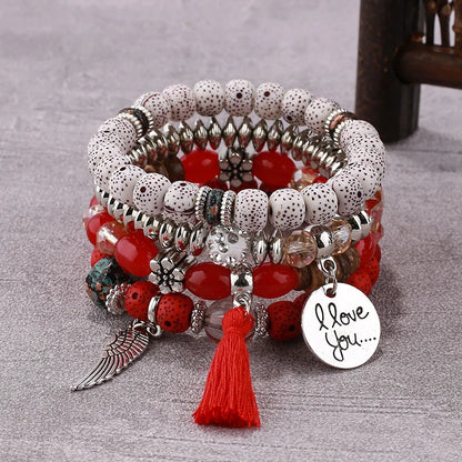 4Pcs Bohemian Women Pink Tassel Bracelet