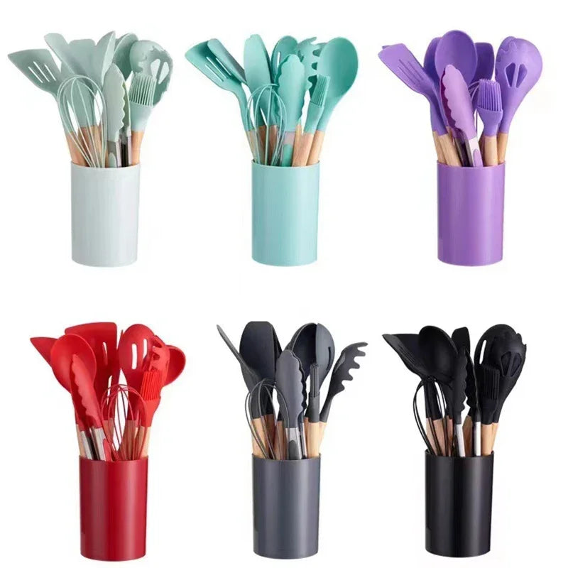 12-Piece Silicone Cooking Utensils Set: Wooden Handles, Non-Stick, Kitchenware Kit