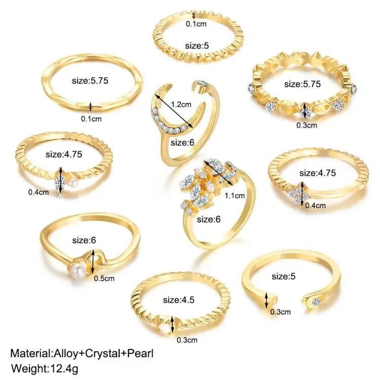 10 Pcs Rings Suit For Women Gold-color Chain Ring Set