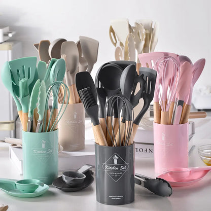 12-Piece Silicone Cooking Utensils Set: Wooden Handles, Non-Stick, Kitchenware Kit