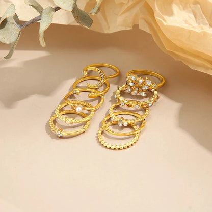 10 Pcs Rings Suit For Women Gold-color Chain Ring Set